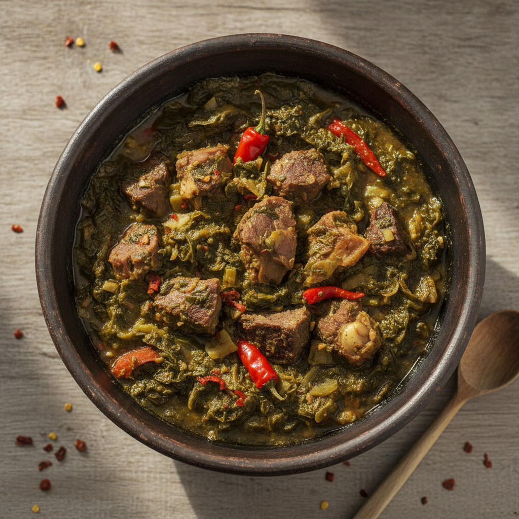 Nigerian Cuisine Edikang Ikong Soup no people zoom in justs focus on food top view